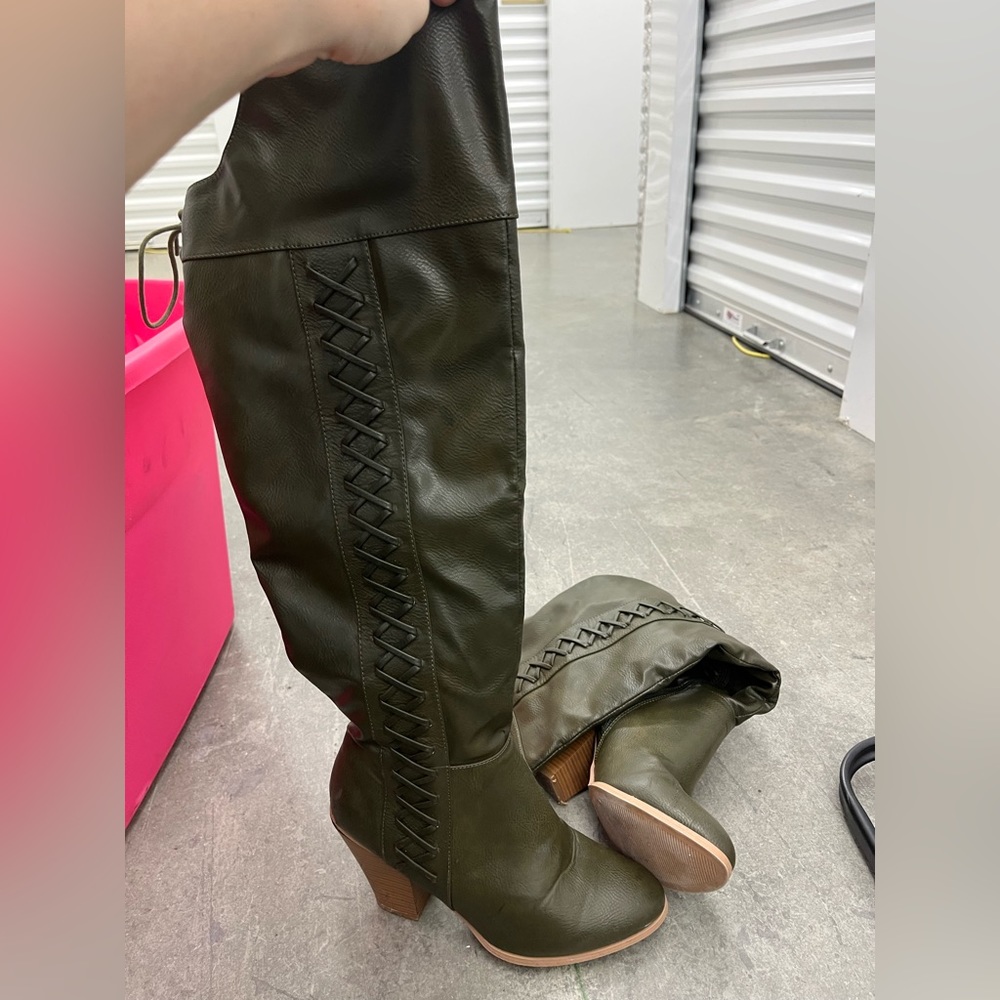 Olive leather over the knee riding boots women size 10